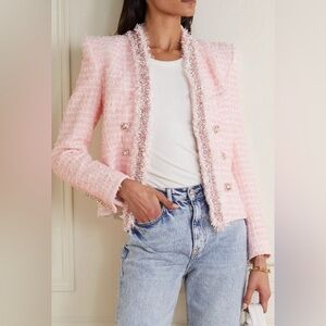 Women's Jeweled Tassel Fringe Pink Tweed Blazer Chic Jackets Pearl Rhinestone M